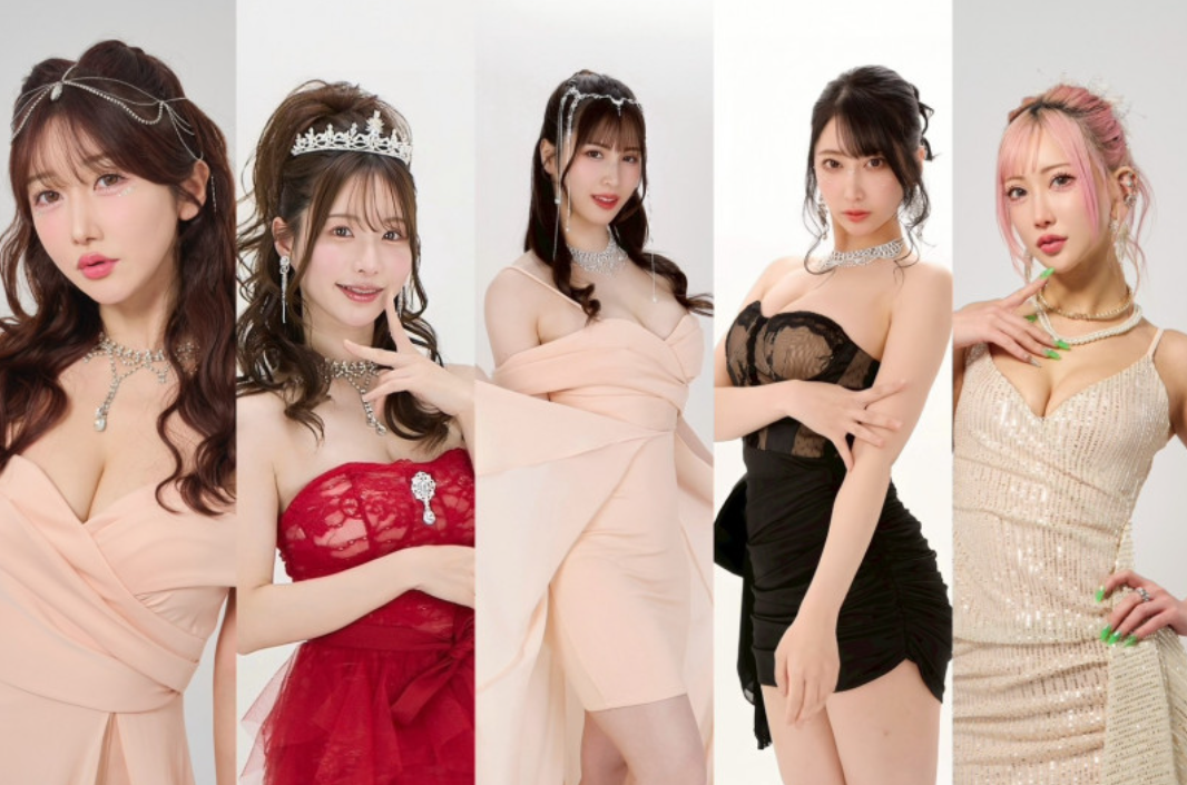 大槻響(左起)、天使萌、南條彩、夏目響、AIKA等,近40位女優來台參與盛會。(ADULTOPIA大人國提供)